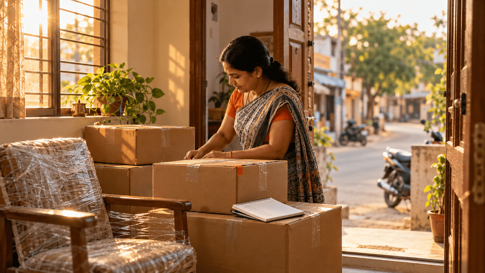 Labelled moving boxes and a wrapped refrigerator waiting by the door of a Davanagere home