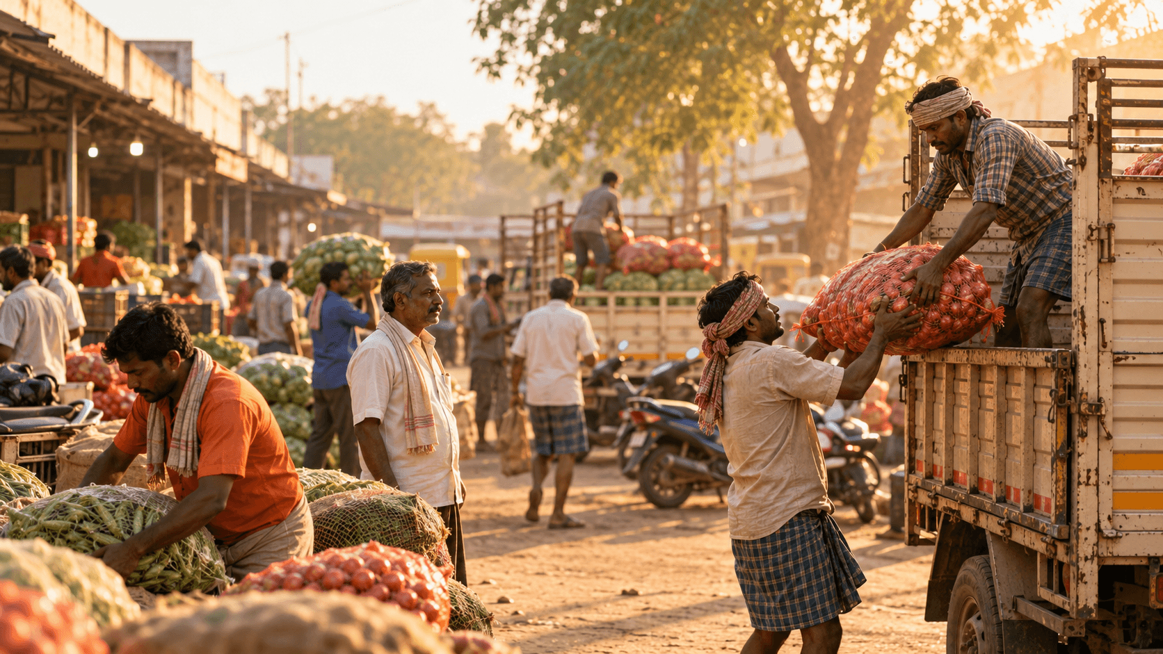 Sacks being loaded onto a mini-truck at the Davanagere APMC yard in the morning
