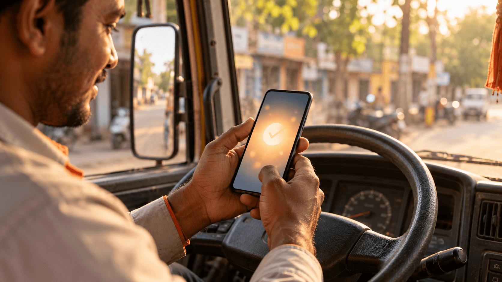 A driver checking the payout screen on his phone beside his pickup van