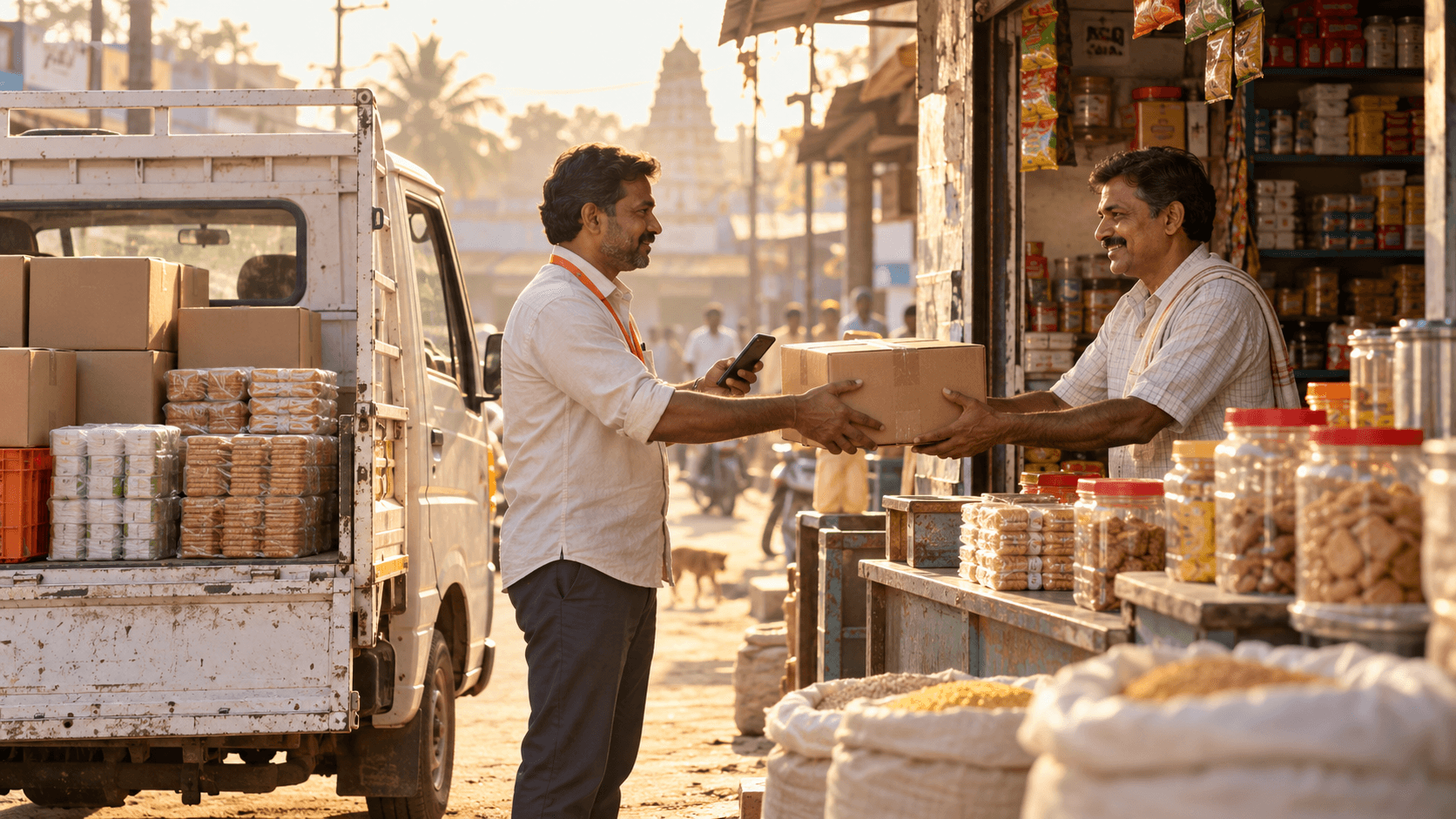 A delivery driver handing a carton to a kirana shopkeeper beside a mini truck in the morning light