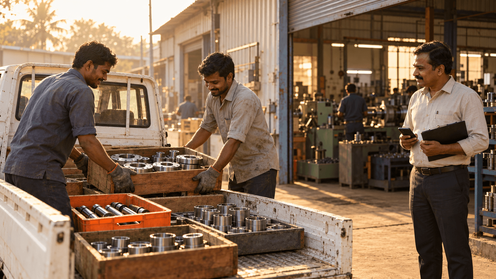 Workers loading crates of machined components into a pickup van outside a small engineering unit