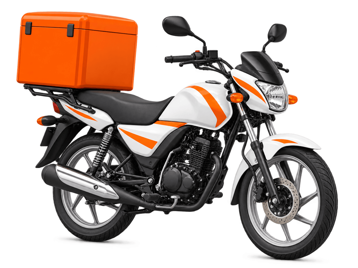 Voder delivery rider on a motorcycle with an orange carrier box