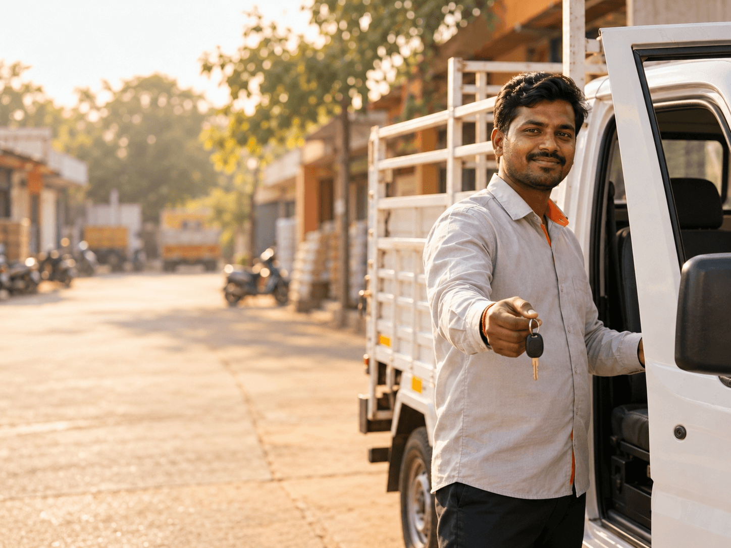 Voder driver standing beside a mini truck, keys in hand