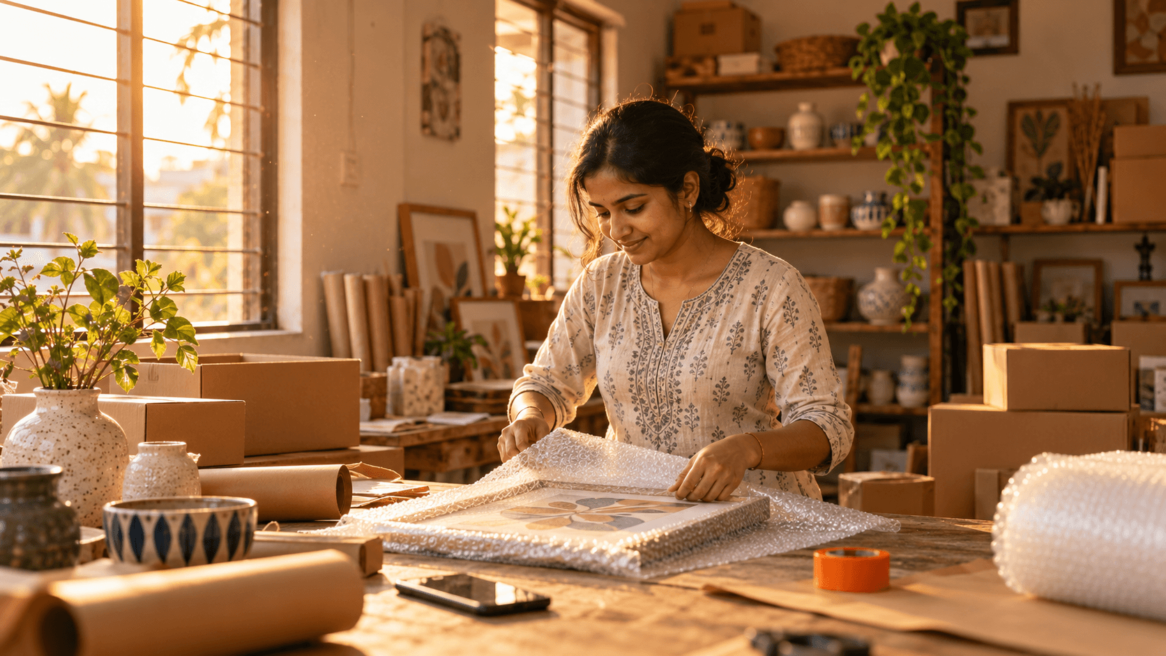 A seller wrapping a framed piece and ceramics in a small home-decor packing room